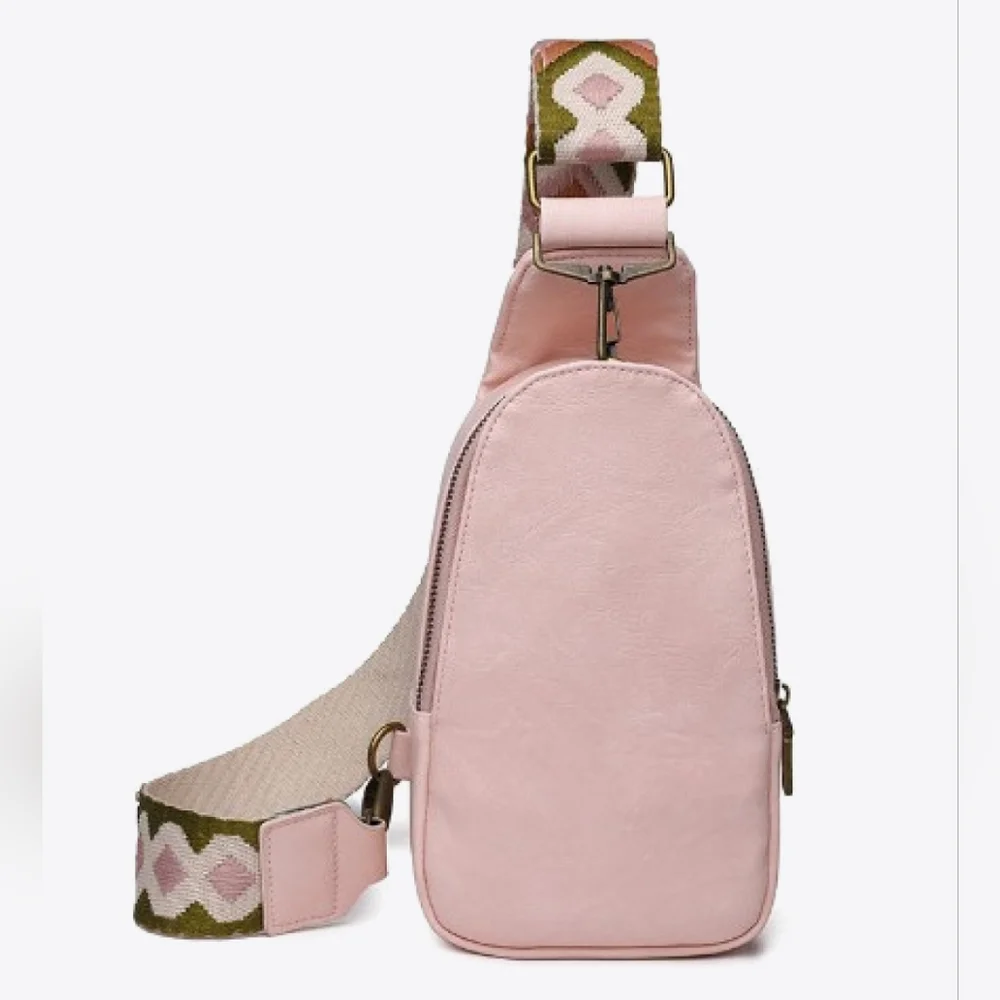 Vegan Leather Crossbody Sling Bag Shoulder Purse Convertible Guitar Strap Pink